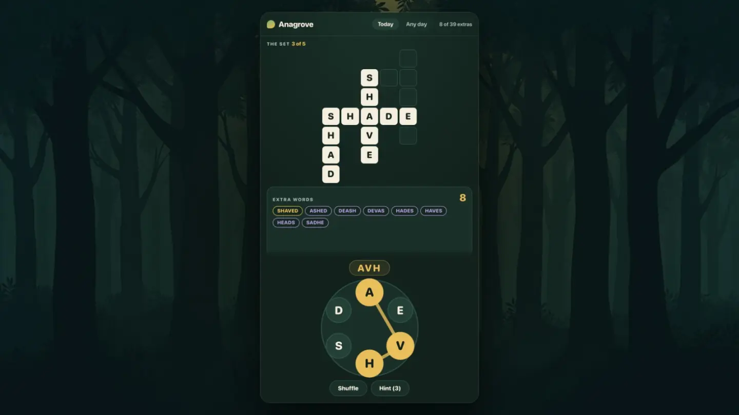 Anagrove — Six letters. Five words to find, and then every other word you can spot in the same six. Finding the five is the easy part — the rest is the game.