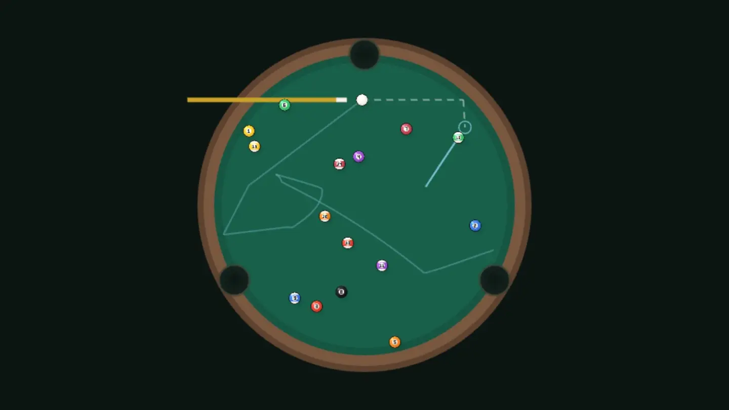 Chalkwick — Trick-shot pool in a seaside town where the room keeps changing shape. Round rooms, bent rooms, rooms with a post in the middle — work out where the ball can go, then send it there.