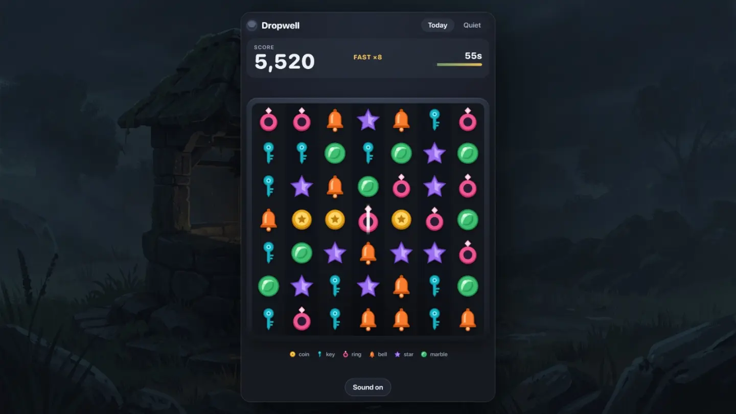 Dropwell — A wishing well, and one minute to fish out what people dropped in it. Match three, and everyone in the world gets the same well as you today.