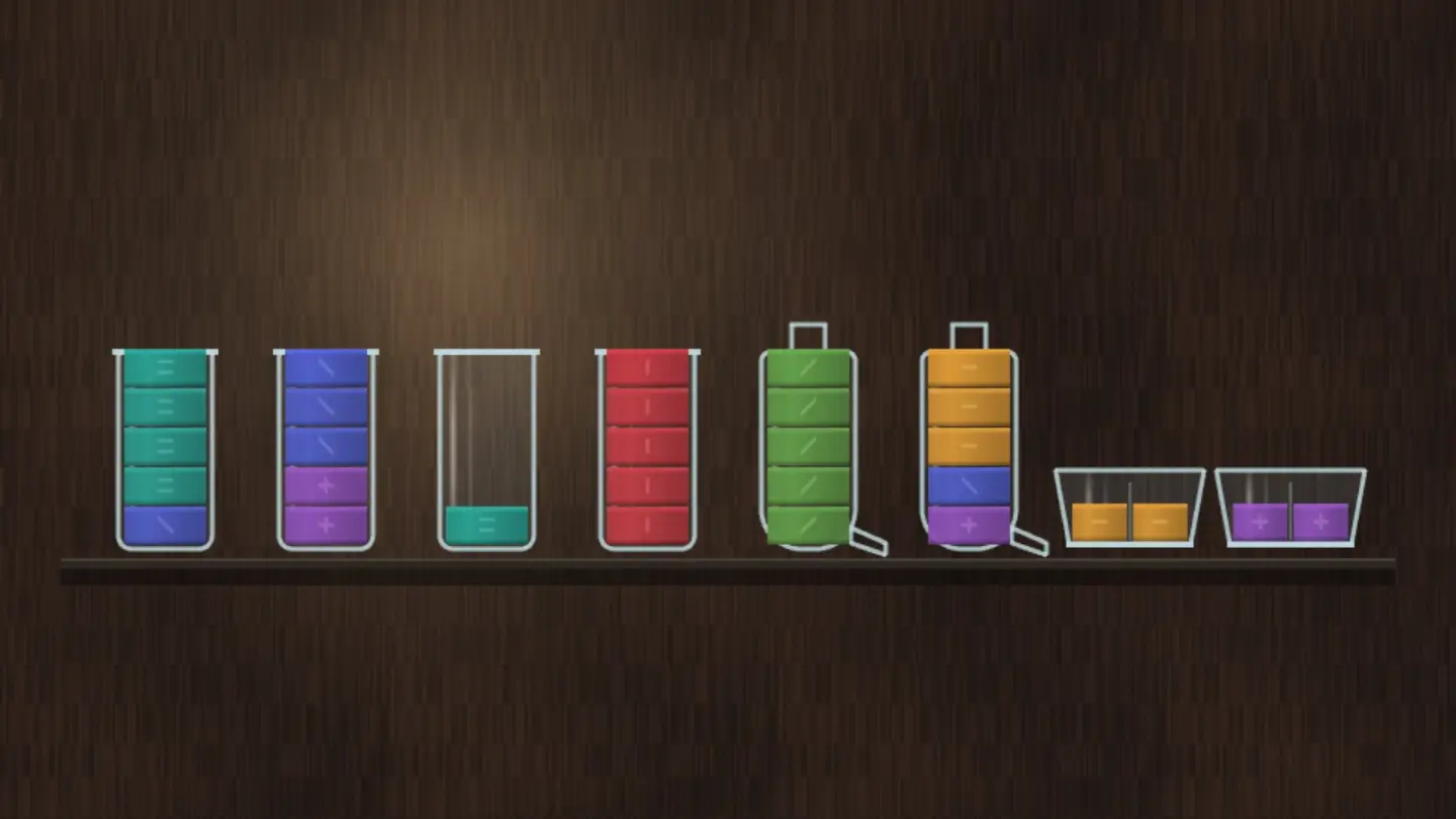 Glasswort — Pour colours between bottles until each one holds a single colour. Every bottle empties differently: one from the top, one from the spout at its foot, and a dish you have to hand back empty.